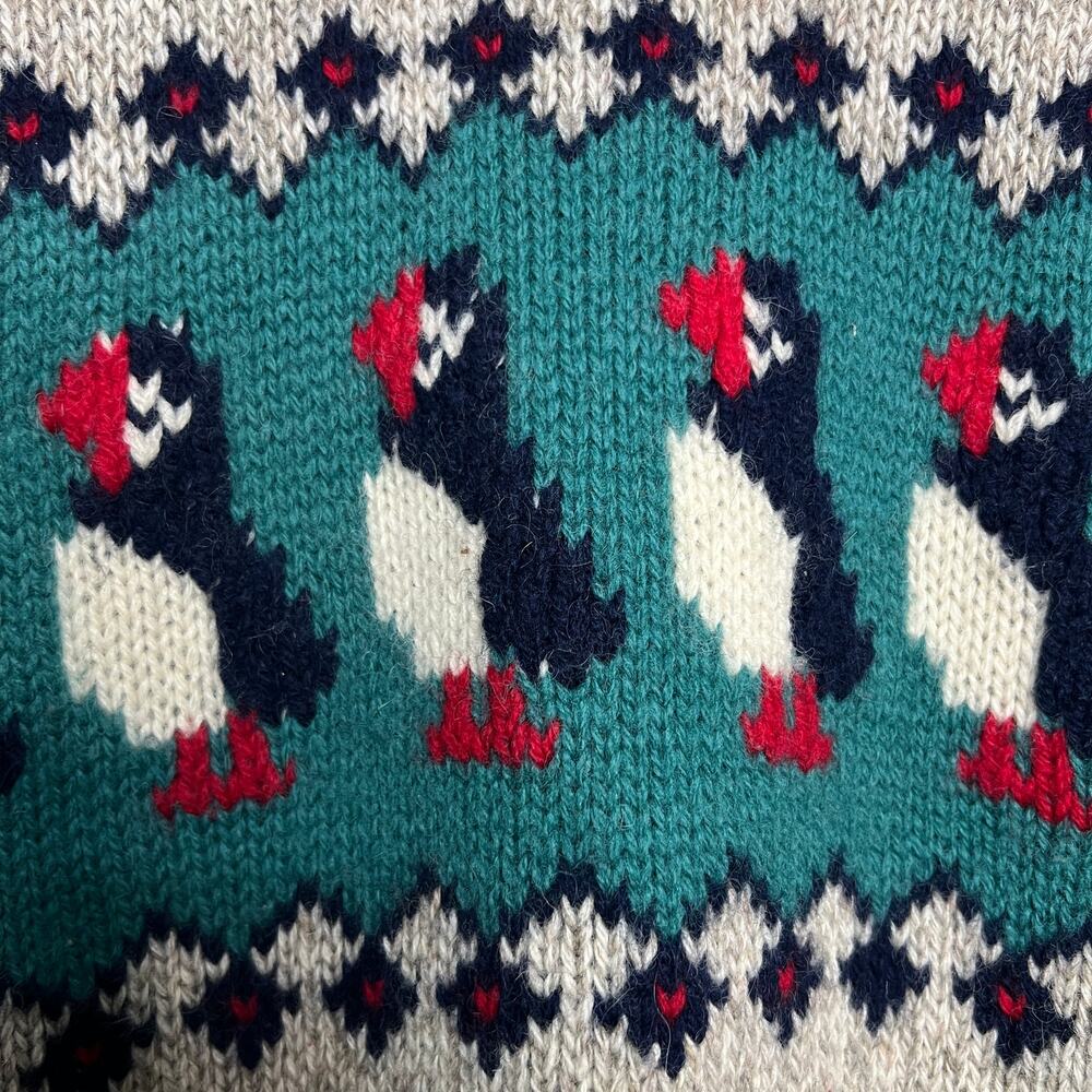 Vintage 80s LLBean Puffin Oatmeal Wool Knit Novelty Crewneck Pullover Sweater - Picture 6 of 11